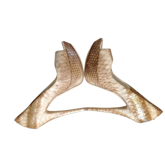 Loriblu Snake Leather Platform Heels Brown And Cream Embossed Peep Toe Pumps 7 - Picture 6 of 11